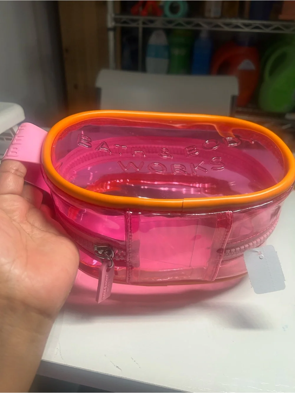Bath & Body Works Pink Clear Cosmetic Pouch with Orange Edge